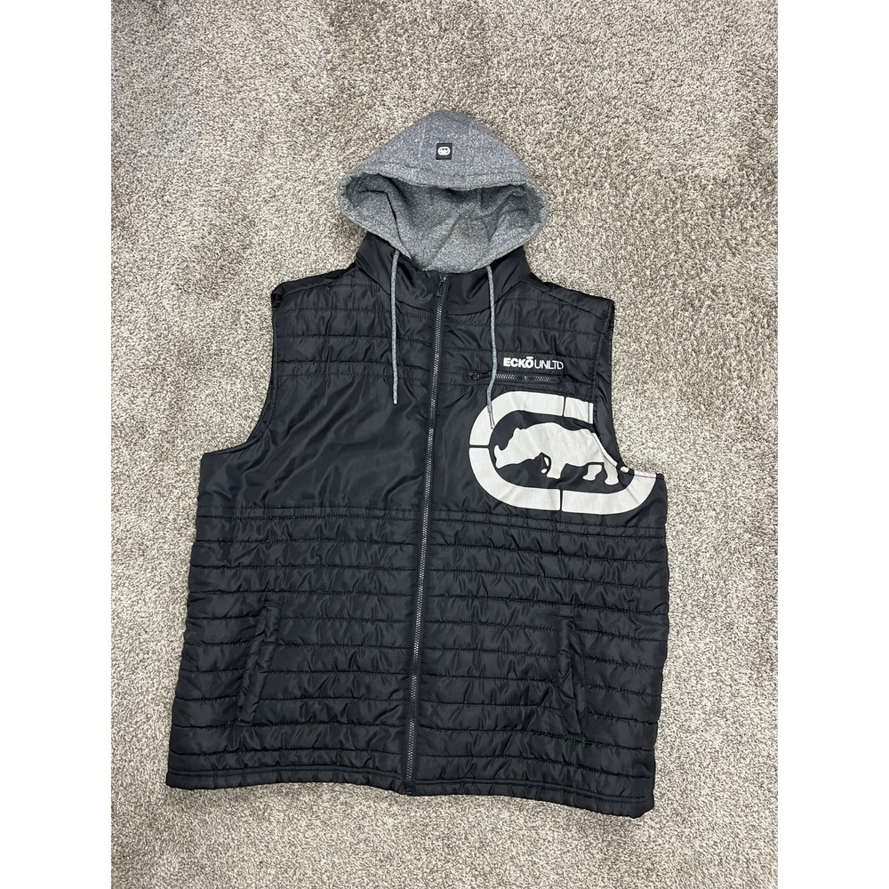 Ecko Unltd Puffer Vest Mens 3XL Black Full Zip Hooded‎ Sleeveless Quilted Y2K